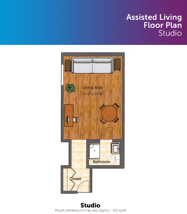 A studio apartment floor plan designed for assisted living.
