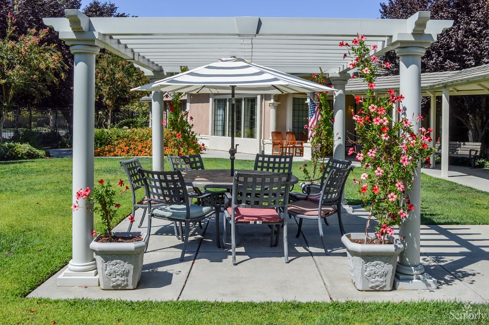 A cozy outdoor patio setup with a pergola, featuring chairs and a table under a striped umbrella amidst potted flowers.