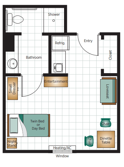 A floor plan showing the layout of a small apartment with designated areas for a living room, bedroom, and bathroom.
