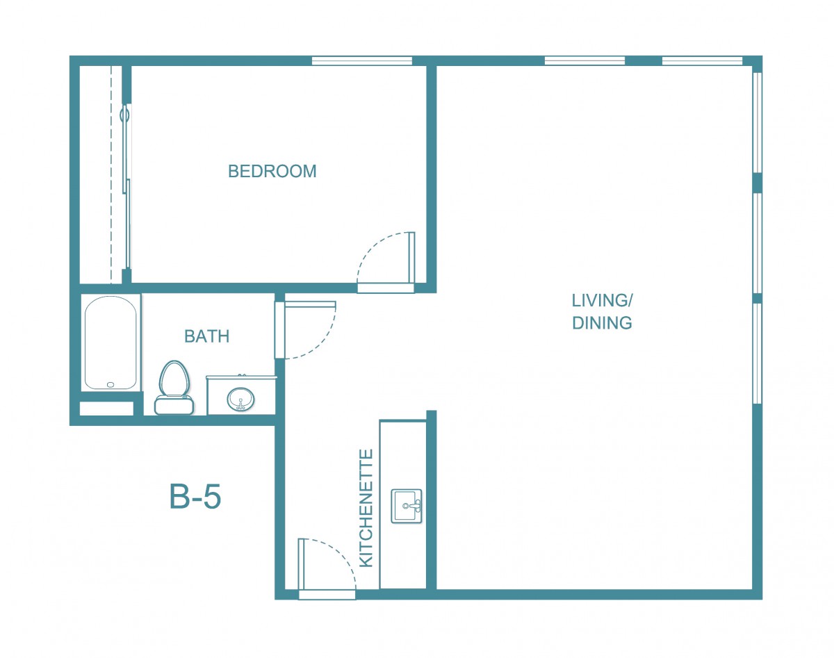 A simple one-bedroom apartment floor plan featuring a living/dining area, bedroom, bathroom, and kitchen.