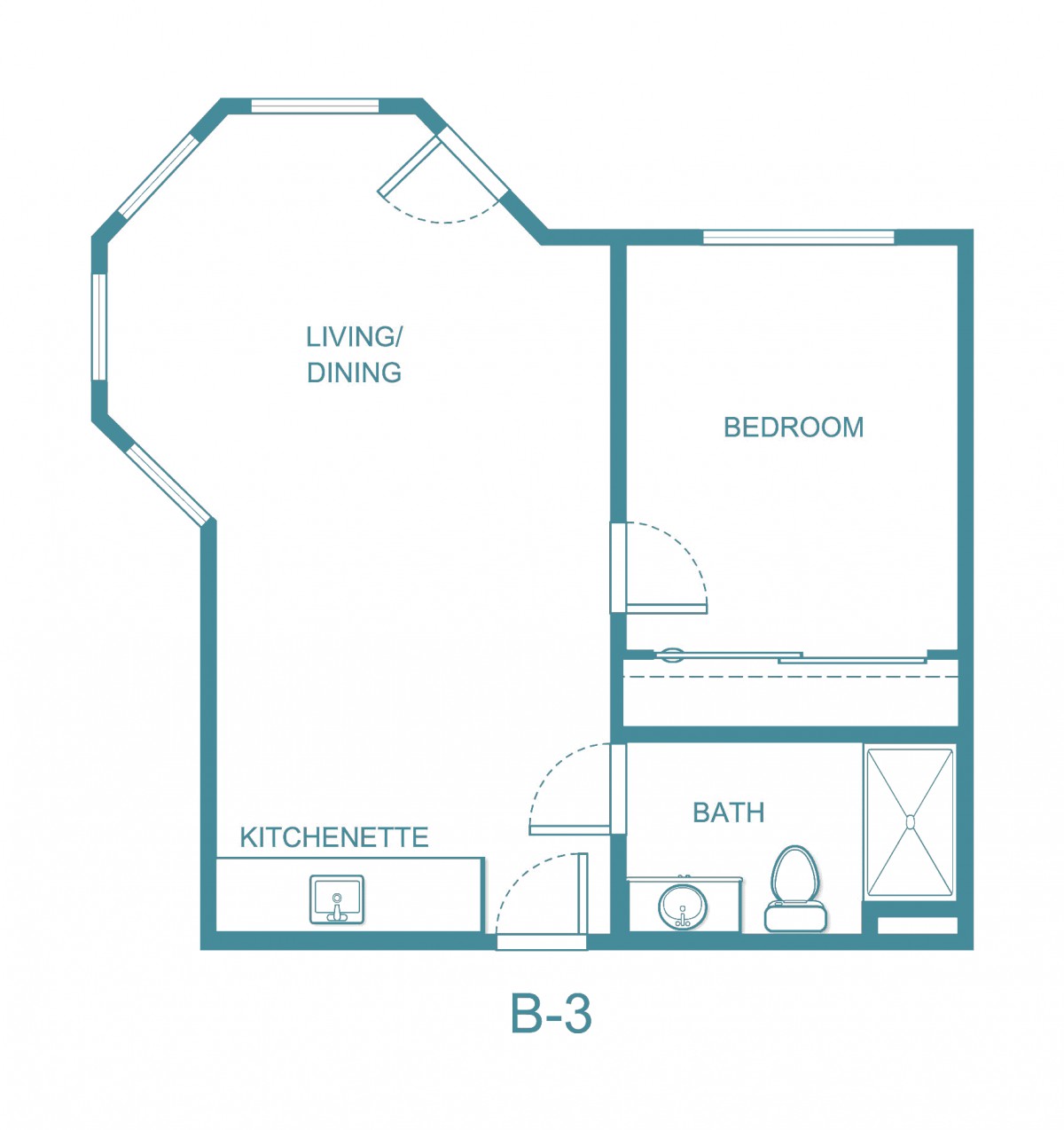 Floor plan of a one-bedroom apartment labeled B-3, featuring a living room, bedroom, bathroom, and kitchenette.