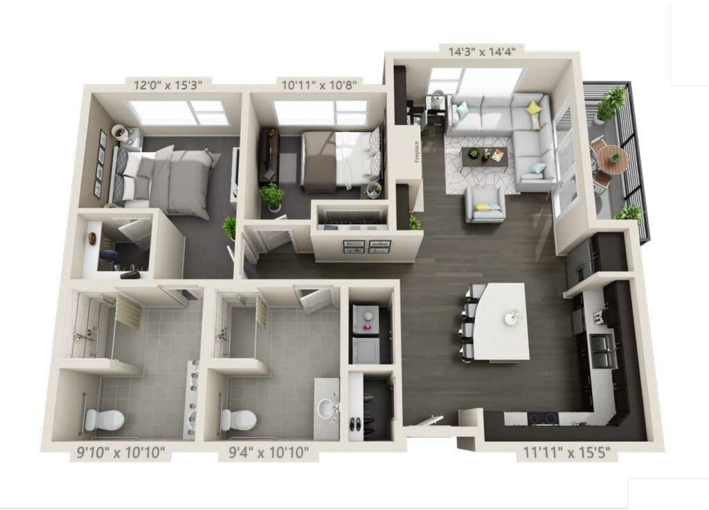 A detailed 3D floor plan of an apartment showing various rooms and furnishings.