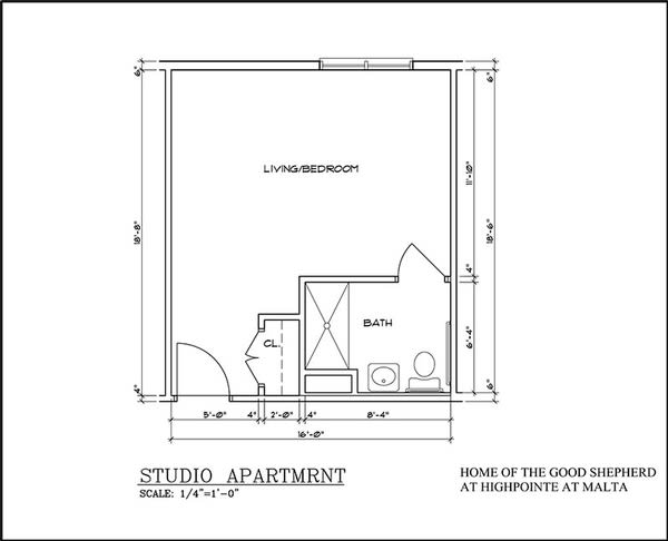 Floor plan of a studio apartment layout with labeled living area and bath.