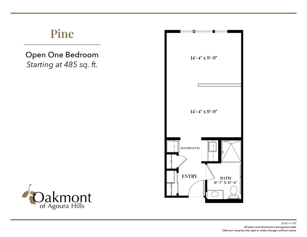 Floor plan for a one-bedroom apartment starting at 405 sq. ft.