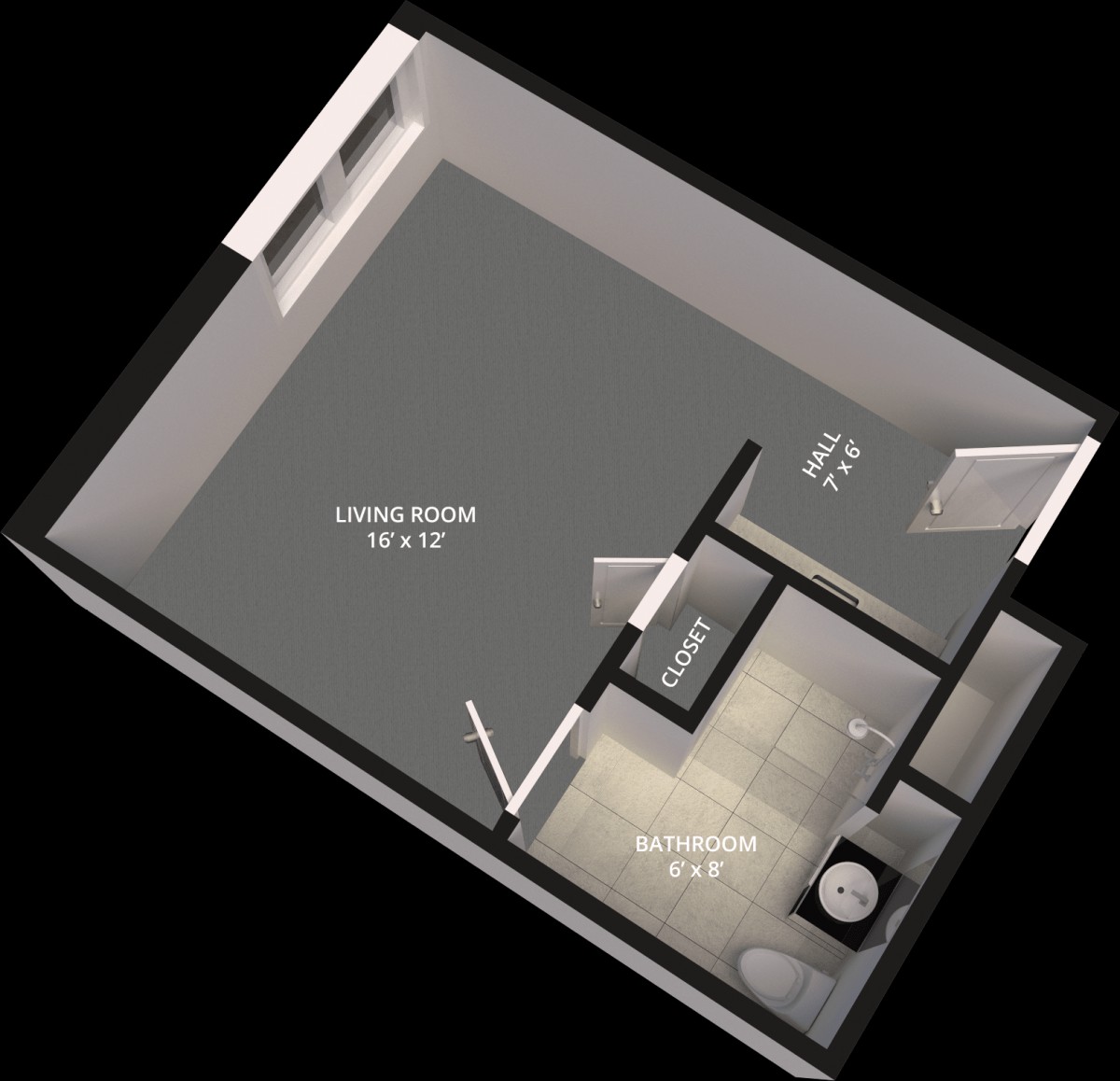 3D floor plan showcasing a small apartment with a living room and bathroom.
