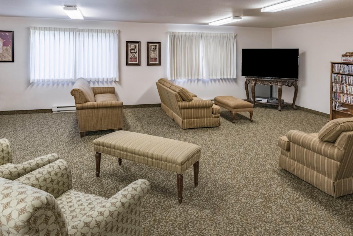 A cozy living room with sofas, a television, and carpet flooring.