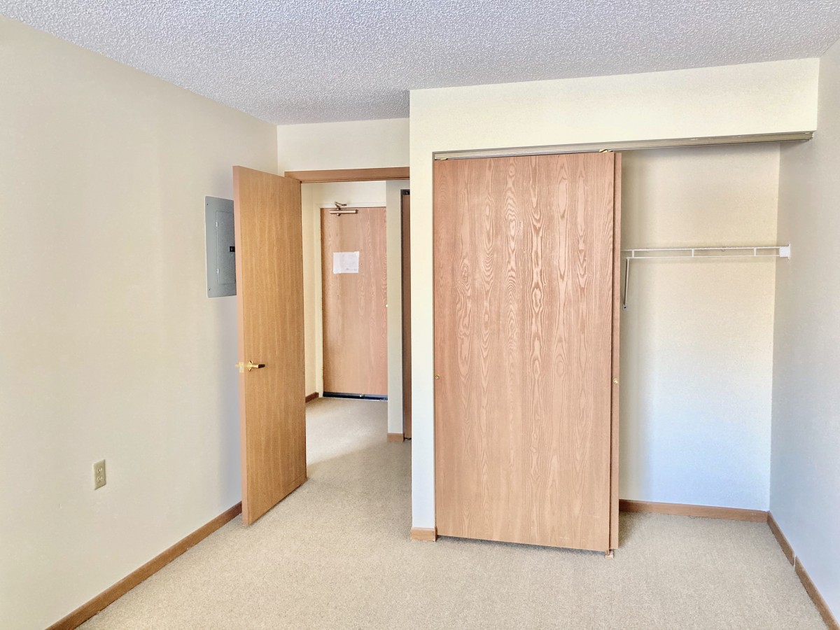 An empty room with an open closet and door, featuring a carpeted floor.