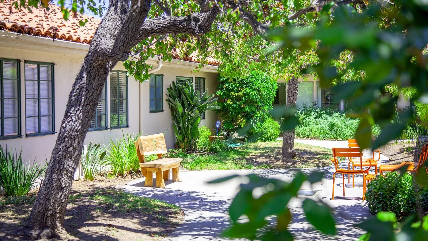 A serene garden with benches and lush greenery under the sunlight.