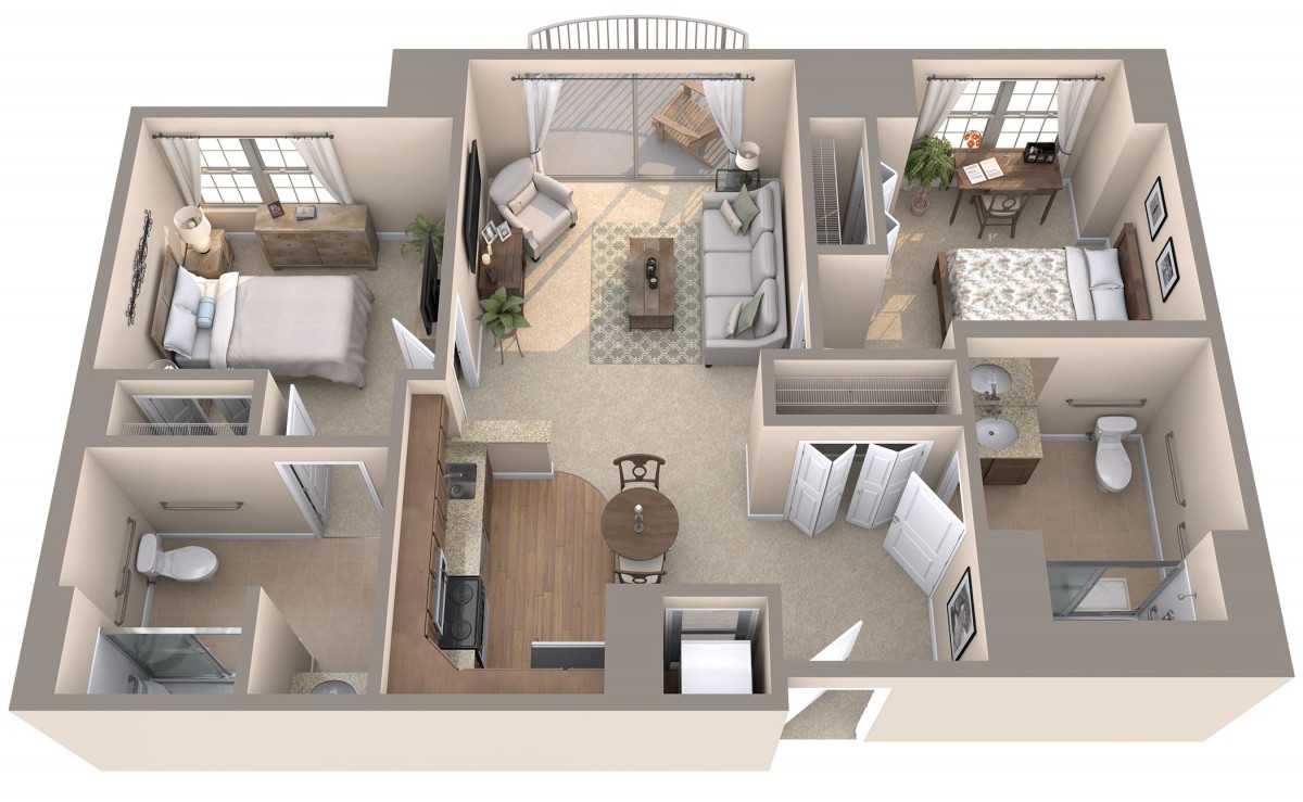 A 3D floor plan of an apartment showing the layout of rooms, including a living area, kitchen, bedroom, and bathroom.