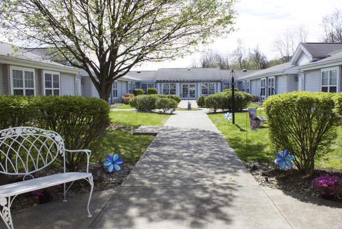 A peaceful courtyard with a pathway, surrounded by well-maintained bushes and trees, leading to a building entrance.