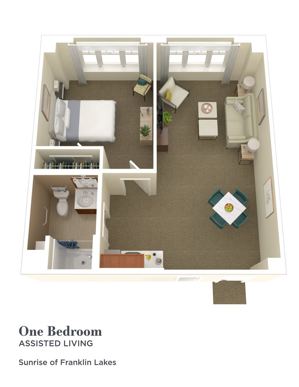 One-bedroom apartment floor plan with living room, kitchen, and bathroom.