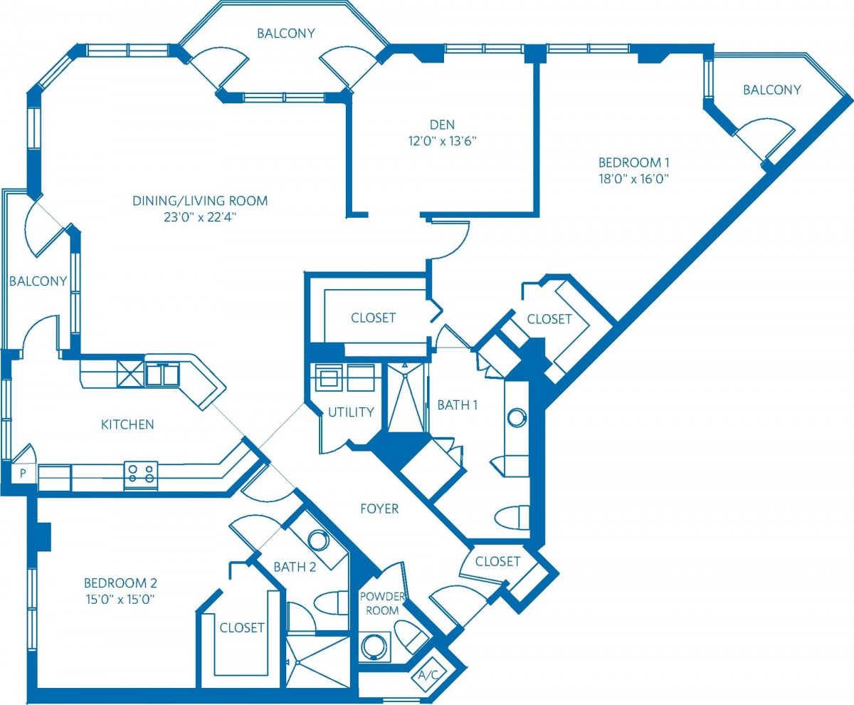 A detailed floor plan of a multi-room apartment layout.