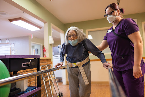 A caregiver assists an elderly woman with walking using a mobility aid in a healthcare setting.