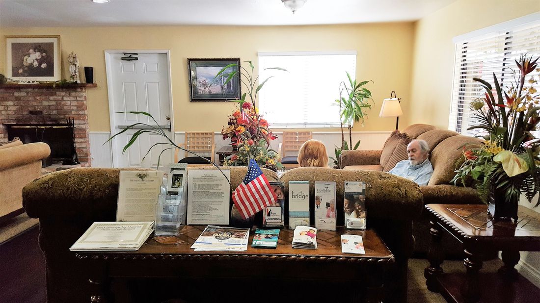 A waiting room with people sitting on sofas, surrounded by brochures, plants, and a flag.