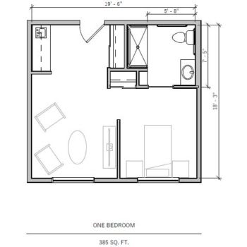 A floor plan layout for a one-bedroom apartment.