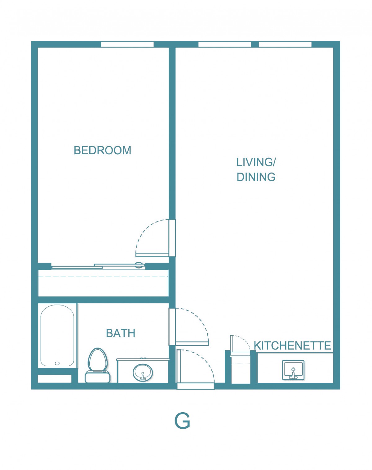 A simple floor plan showing a bedroom, living/dining area, kitchenette, and bathroom.
