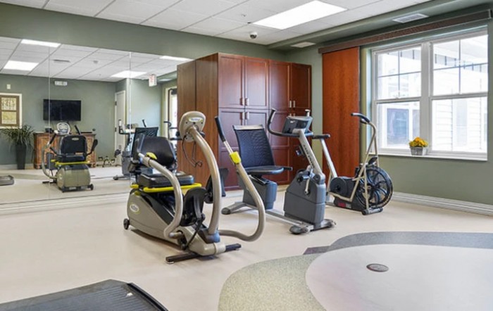 A well-equipped gym with various exercise machines.