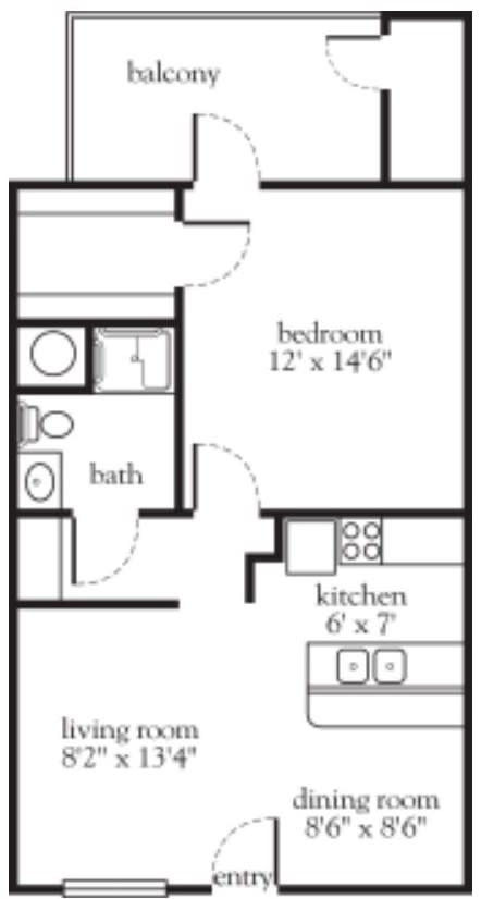 A floor plan of a small apartment featuring a bedroom, bathroom, and kitchen.