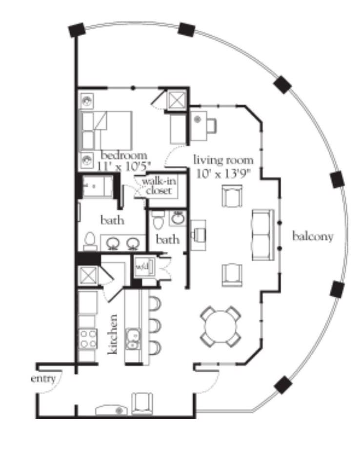 A detailed floor plan of an apartment featuring two bedrooms, a living room, kitchen, and balcony.