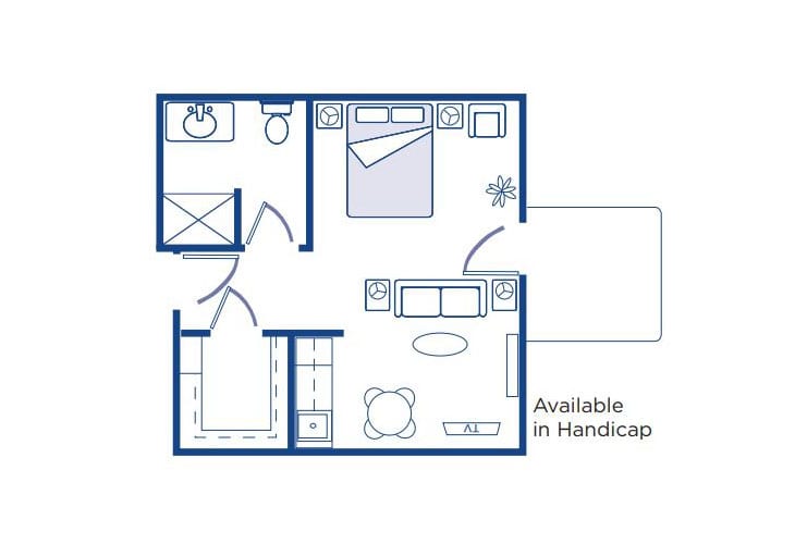 A floor plan of a one-bedroom apartment, showing the layout of the living room, bedroom, kitchen, and bathroom.