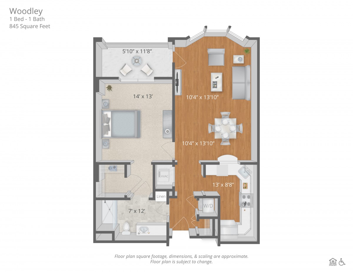 A detailed floor plan of an apartment featuring a bedroom, kitchen, living room, and bathroom.