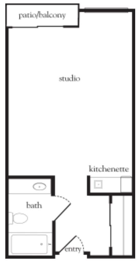 A simple floor plan of a studio apartment with a kitchenette.