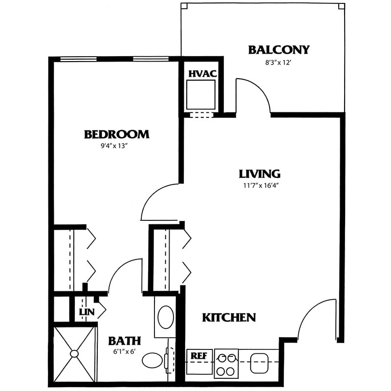 Floor plan of a one-bedroom apartment with a living room, kitchen, bathroom, and balcony.