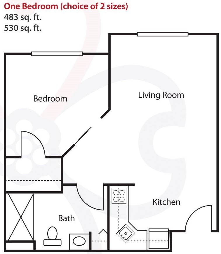 A floor plan of a small apartment featuring a bedroom, living room, kitchen, and bathroom.