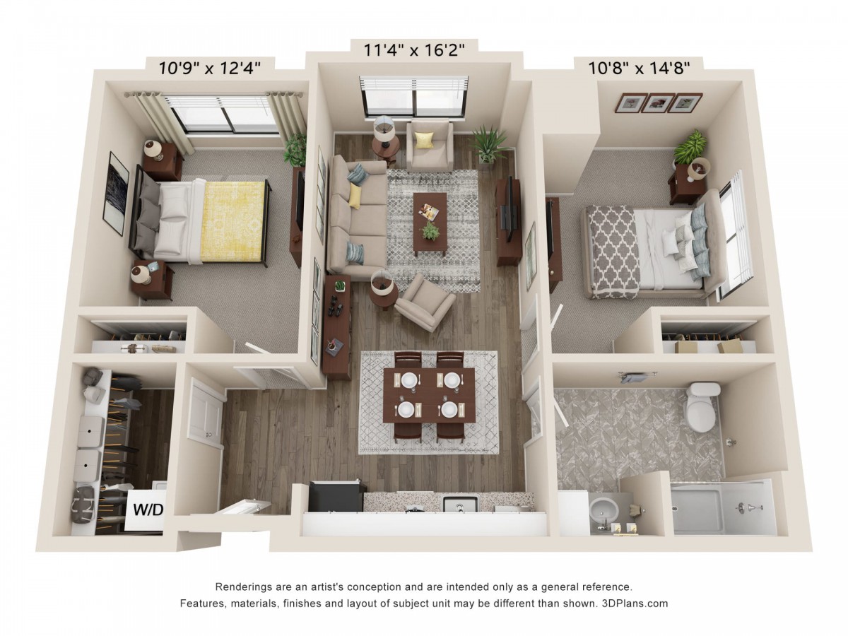 A 3D floor plan of a two-bedroom apartment showing the layout of rooms, including a living area, kitchen, and bathroom.