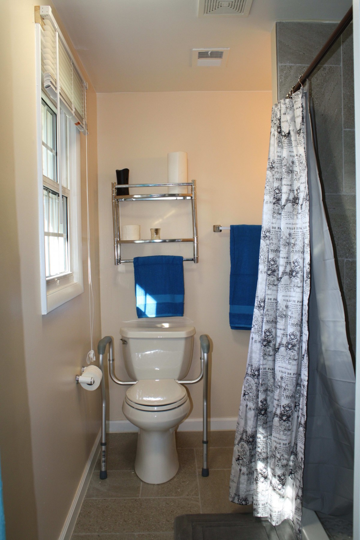 A small bathroom with a toilet equipped with grab bars, a shower with a curtain, and towels on a rack.