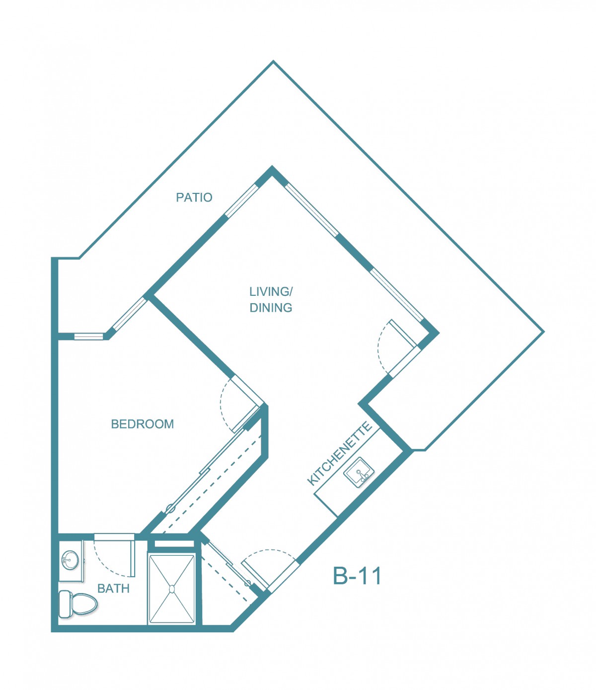 Floor plan of a one-bedroom apartment labeled B-11.