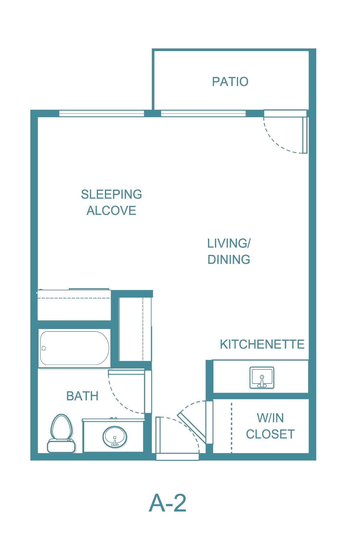 Studio apartment floor plan with sleeping alcove, living/dining area, kitchenette, and bath.