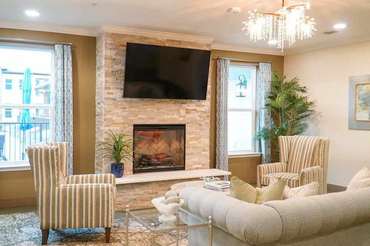 A modern living room featuring a fireplace, television, and elegant furniture.