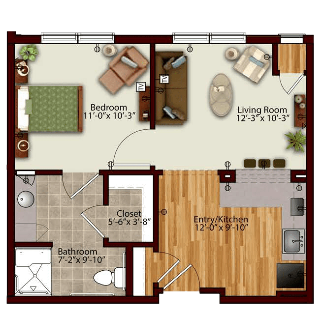 A floor plan of a one-bedroom apartment featuring a living room, bedroom, kitchen, and bathroom.