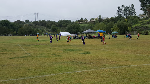 A youth soccer game in progress on a cloudy day.