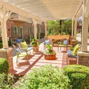 A cozy outdoor patio with a pergola, featuring comfortable seating and vibrant plants.
