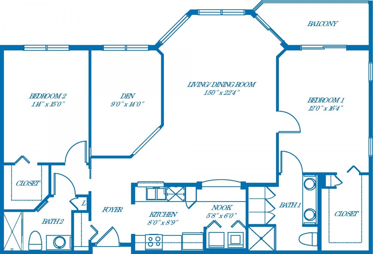 Blueprint showing the layout of a home's rooms and dimensions.