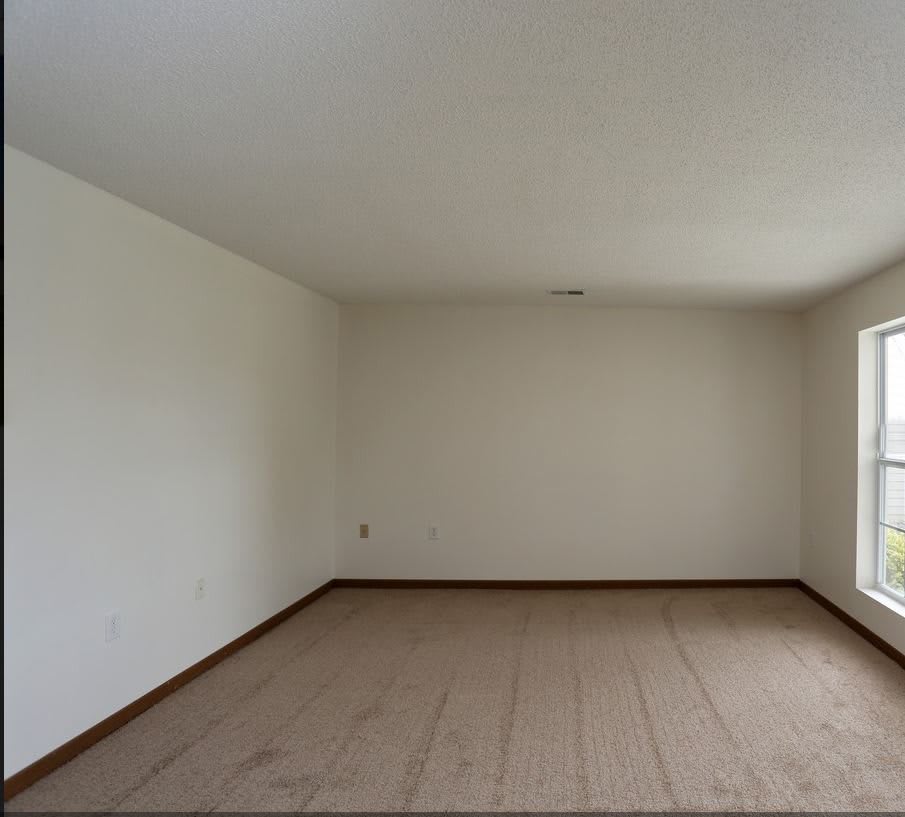 An empty room with carpeted flooring, white walls, and natural light coming through a window.