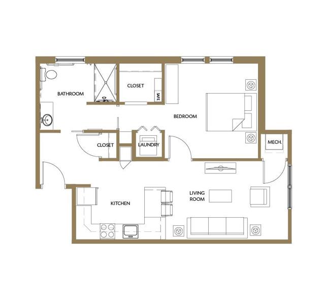 A floor plan of an apartment showing the layout of rooms and spaces.