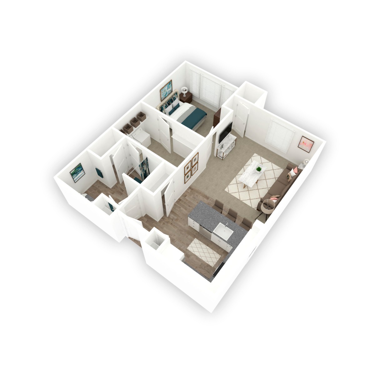 A 3D floor plan of a cozy one-bedroom apartment featuring a living room, kitchen, and bathroom.