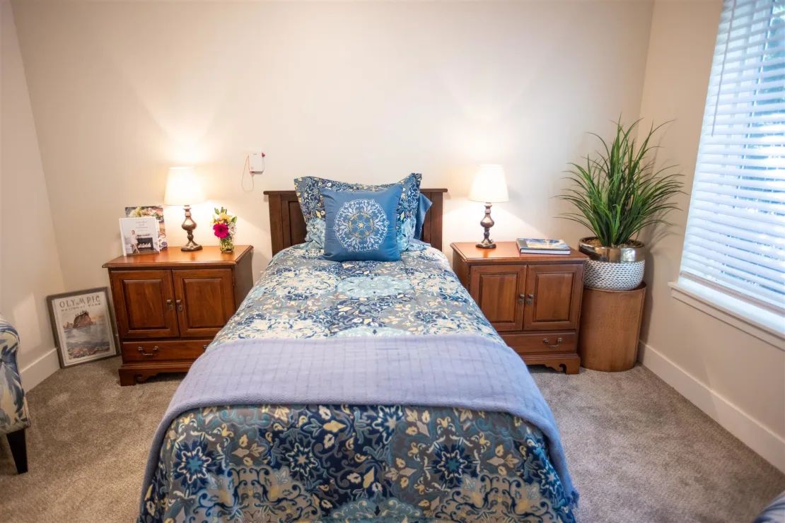 A cozy bedroom with a single bed adorned in blue patterned bedding, flanked by two wooden nightstands with lamps, and a plant for decor.
