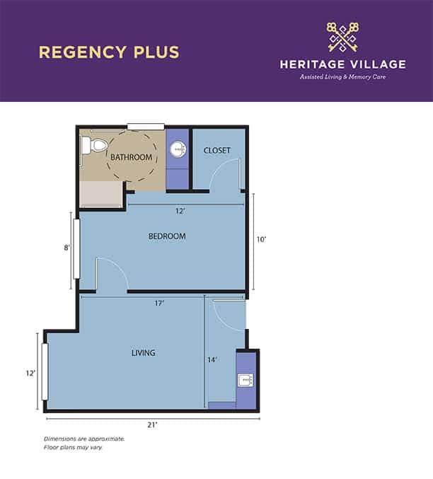 This is a floor plan for the Regency Plus unit at Heritage Village, showing the layout and dimensions of the rooms.