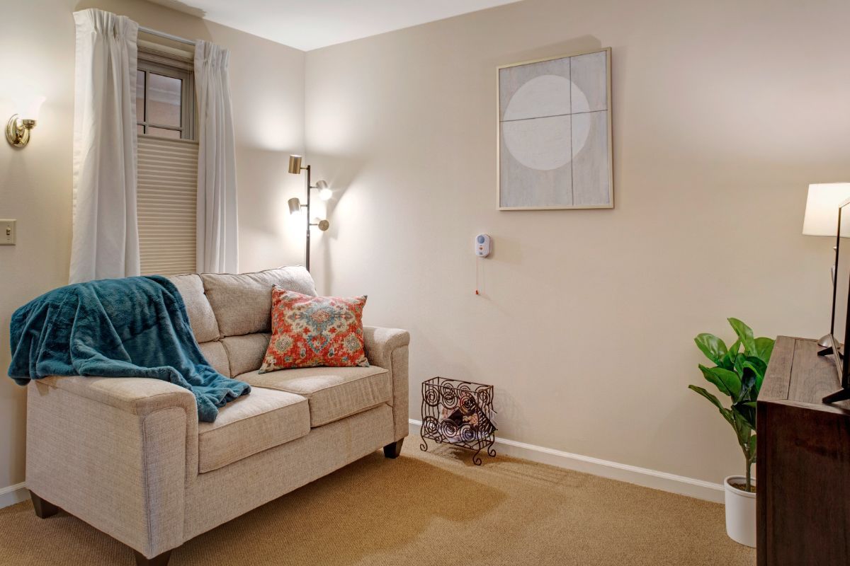 A cozy living room with a beige sofa, colorful cushions, a warm blanket, and decorative wall art.