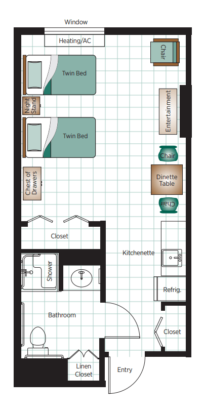 Studio apartment floor plan with a twin bed, kitchenette, dining table, and bathroom.
