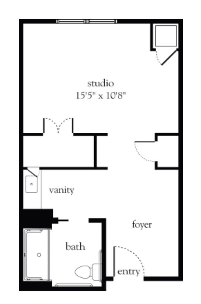 Studio apartment floor plan with dimensions and layout.
