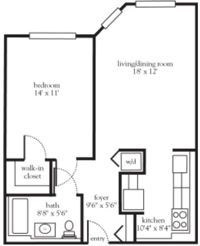 Floor plan of a one-bedroom apartment with a living room, kitchen, bathroom, and walk-in closet.