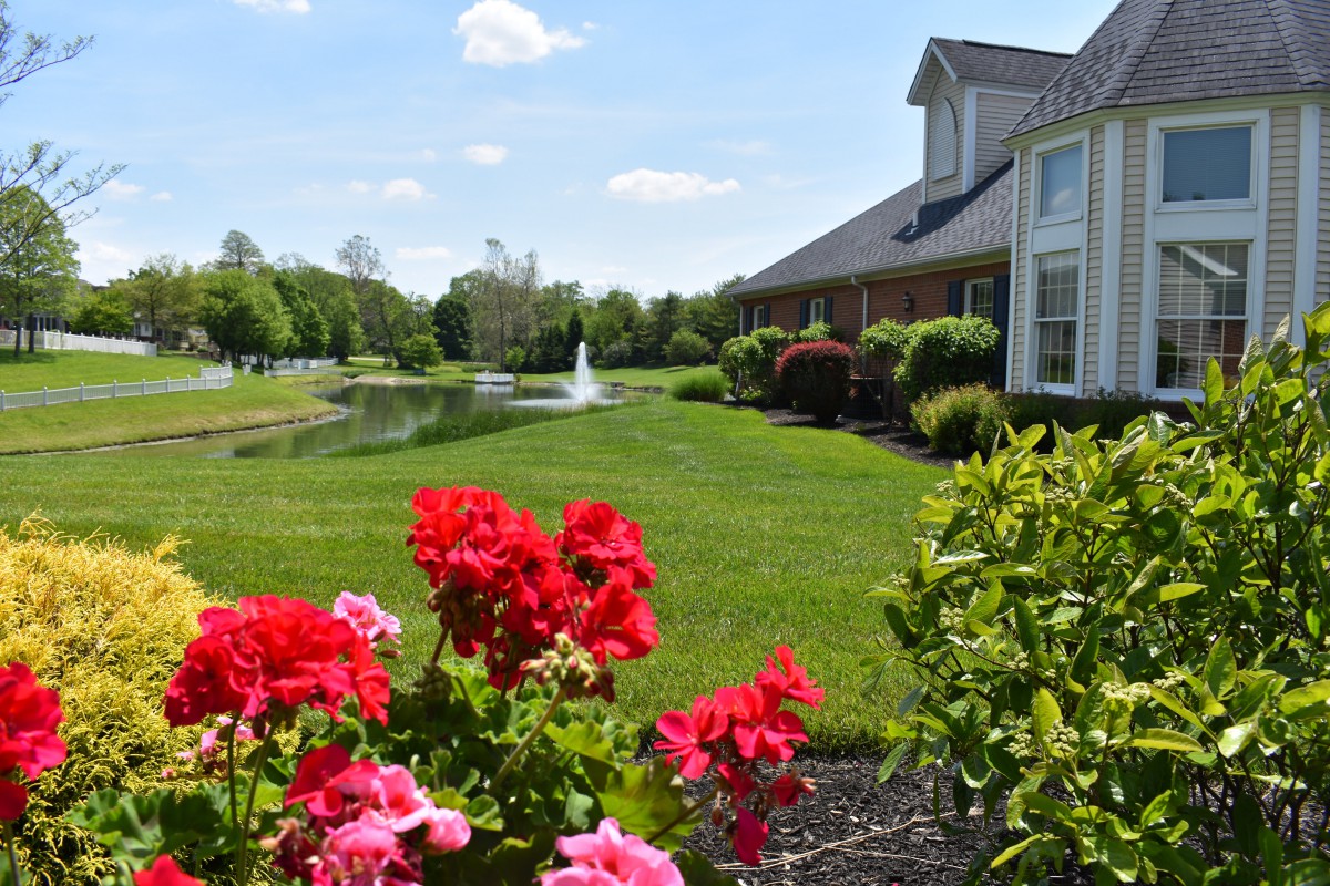 A picturesque garden with vibrant flowers and a tranquil pond in front of a house.