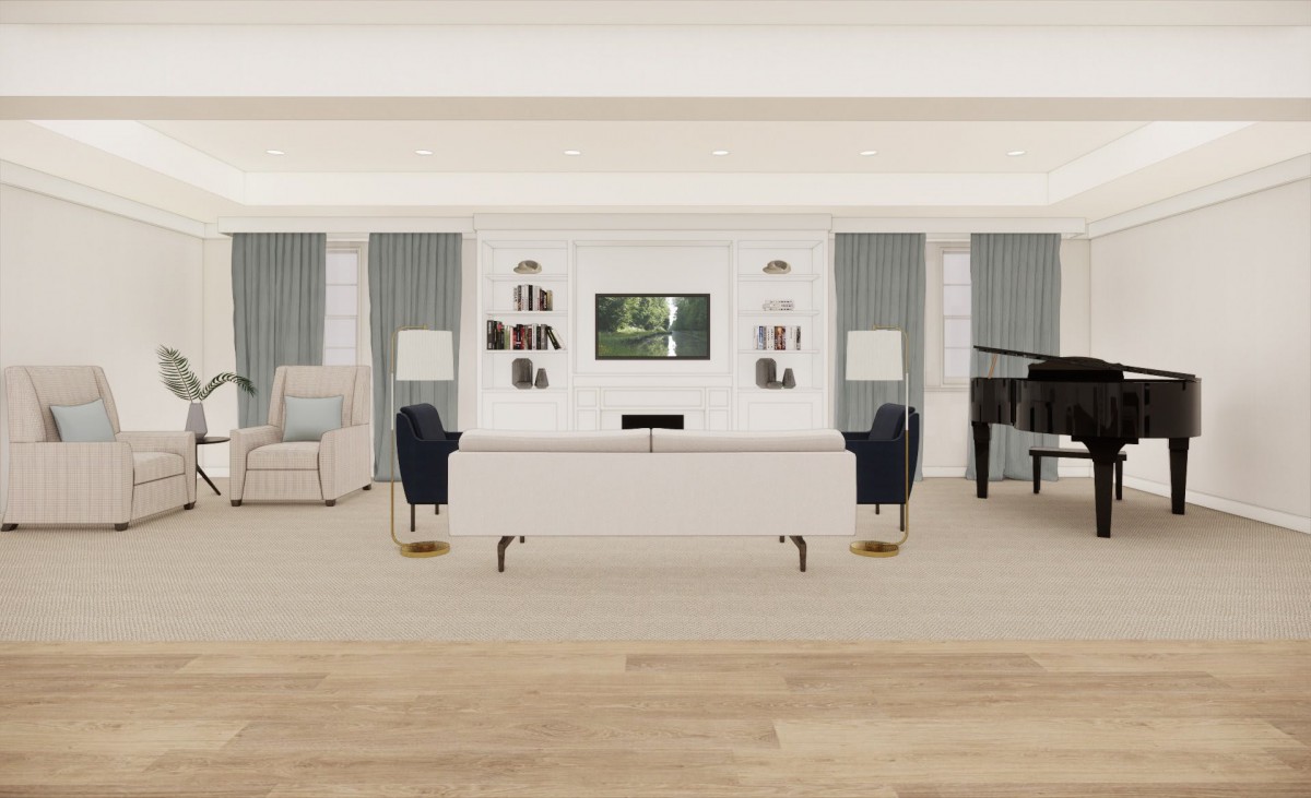 A spacious, elegantly designed living room featuring a central sofa, flanked by chairs, with bookshelves and a piano adding to the modern decor.