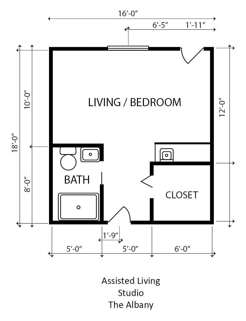 Studio apartment floor plan with dimensions.