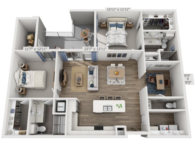 3D floor plan of a modern apartment layout with two bedrooms and open living spaces.